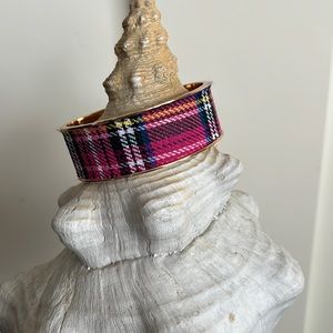 Gold Tone & Pink Plaid Bangle Bracelet